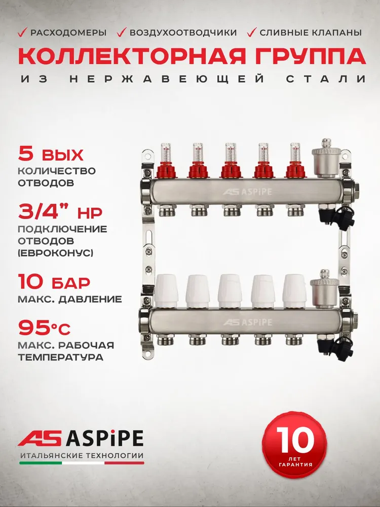 Коллекторная группа с расходомерами 5 контуров с авт. воздух. и дренажем